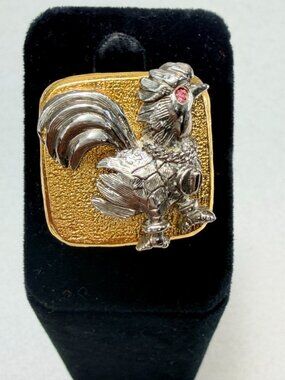 Vintage Rooster Ring Ruby Eye Chunky Gold Tone Statement Signed Rare Size 9